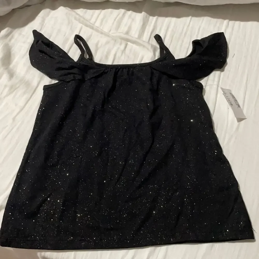 Childrens place xs 4 black glimmer cold shoulder ruffled top NWT cotton/poly